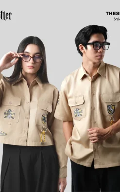 Thesilversky Hufflepuff Beige Workshirt | Harry Potter Official Kemeja Pria Wanita Crop
